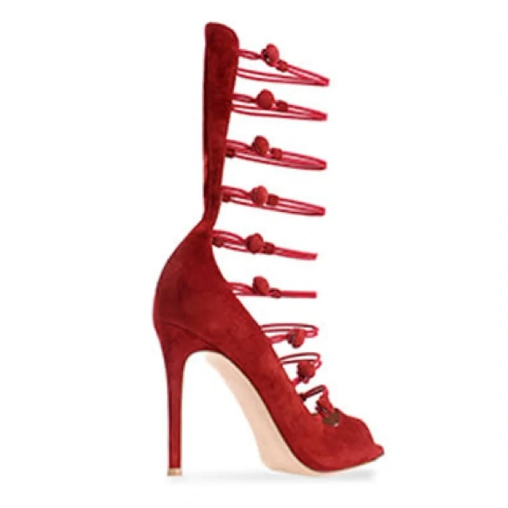 Gianvito Rossi Granata Suede Marquis Strappy Button Up Open Toe Heels (Size 38) - Picture 7 of 9